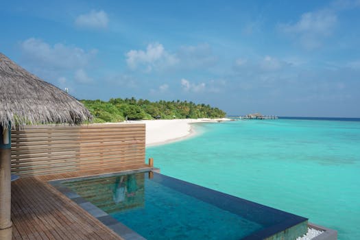 Stunning beachside view with an infinity pool, clear blue water, and a thatched-roof hut in a tropical paradise.