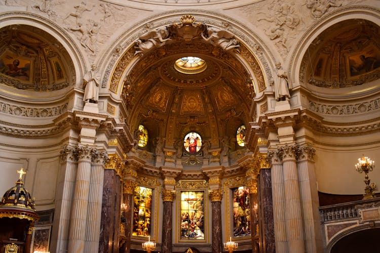 Stained Glass With Religious Paintings Inside The Berlin Cathedral