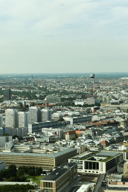 Free Stunning aerial view of Berlin's skyline featuring the iconic Fernsehturm TV tower. Stock Photo
