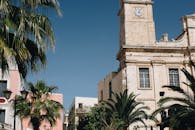 阳光明媚的干尼亚，希腊棕榈树旁矗立着一座迷人的历史悠久的钟楼