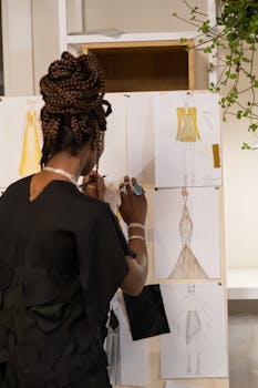 Fashion designer drawing elegant dress sketches in the studio. Creative process captured indoors.