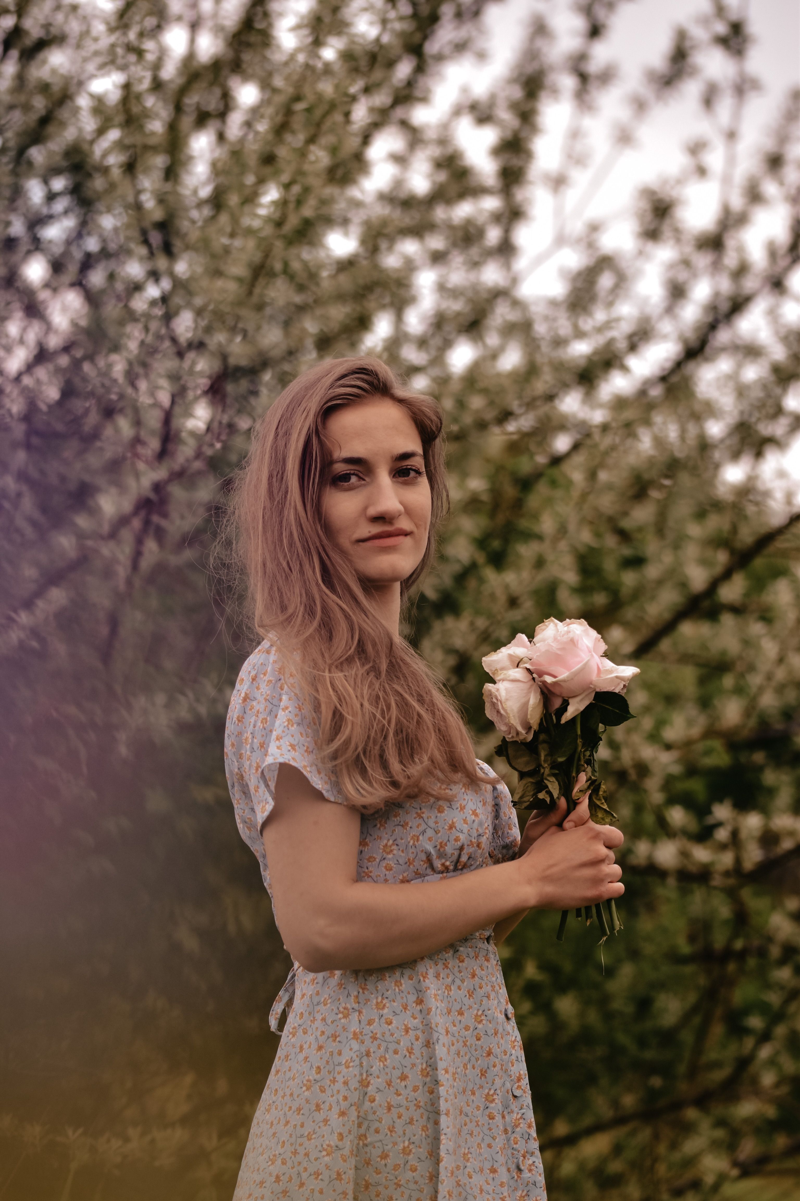 A Woman in a Floral Dress Holding Flowers · Free Stock Photo