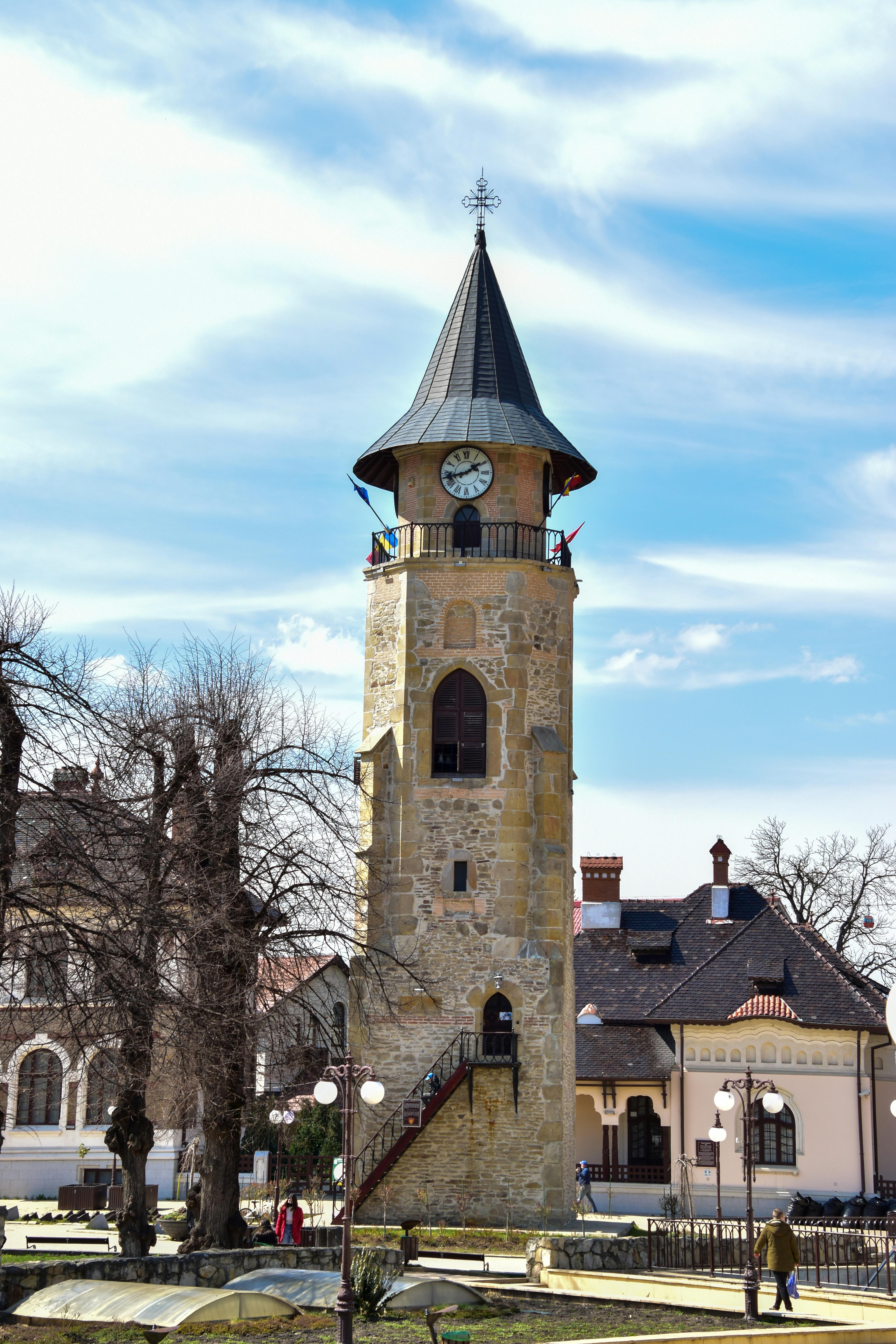 Vertical view of Stephen the Great's Tower, a medieval landmark in Piatra Neamț, Romania.