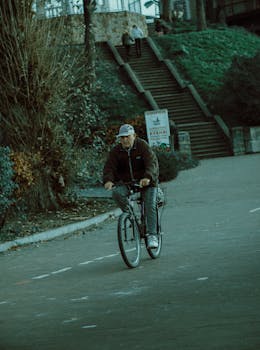 Senior man riding a bicycle in a serene park environment, showing active lifestyle.