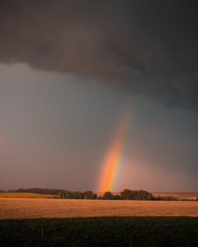 Vibrant rainbow arcs over a tranquil rural landscape under dramatic storm clouds at sunset.