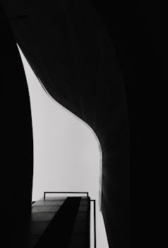 Dramatic black and white photo of modern architectural curves with high contrast lighting.