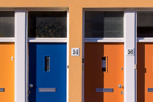 Brightly colored doors with numbers 54 and 56 on a modern building facade.