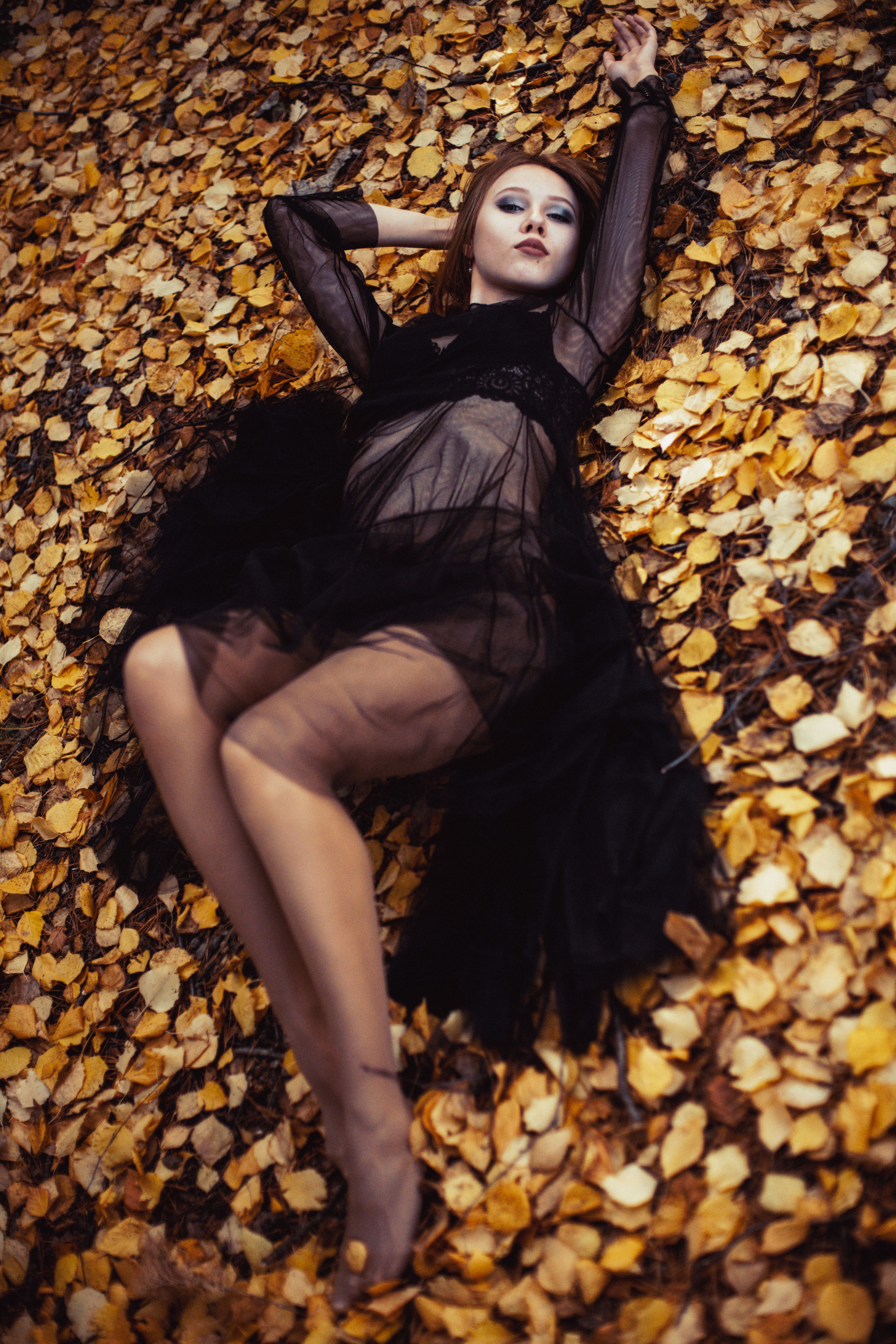 Woman in Black Dress Lying on Dried Leaves · Free Stock Photo