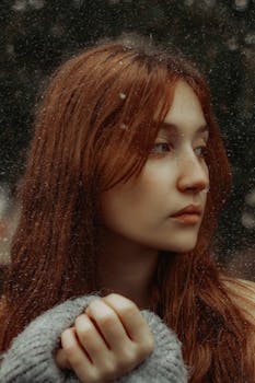 A thoughtful woman with long hair looks aside in a snowy scene.