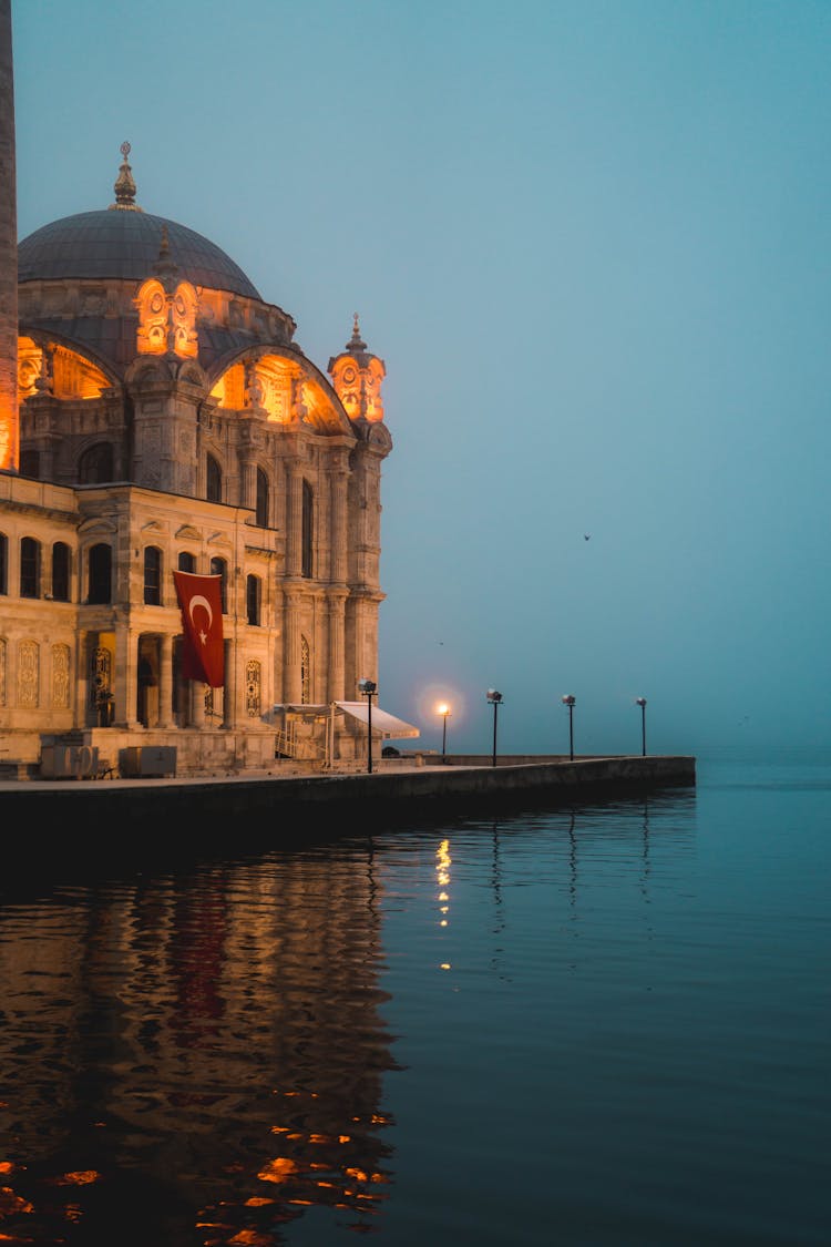 Illuminated Turkish Mosque at Sea Embankment By Night