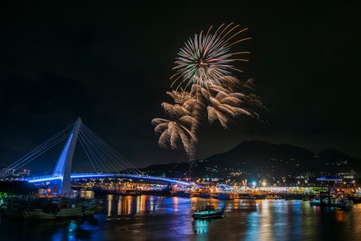 Colorful fireworks display over a beautifully lit bridge in Taiwan, reflecting on the water at night.