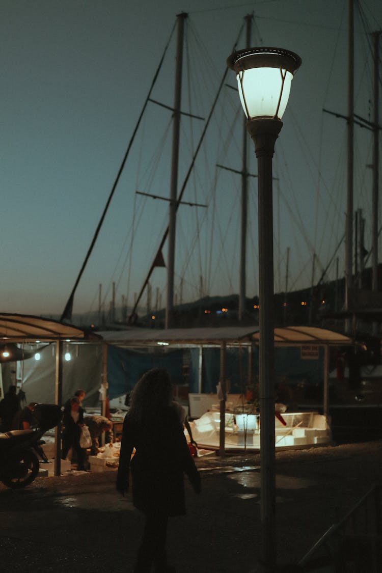 Back View Of Person Walking Alone At Night 