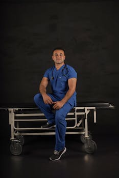 Male doctor in blue scrub suit seated on a stretcher with a stethoscope, smiling on a dark studio background.