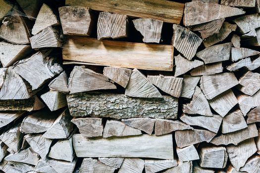 Close-up view of a neatly stacked woodpile perfect for energy and heating purposes.