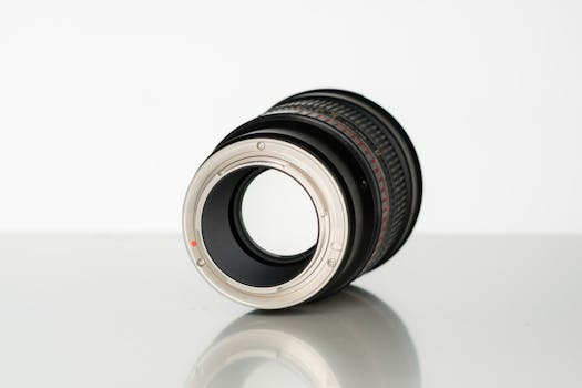 Detailed view of a camera lens on a white background, showcasing its design and optics.
