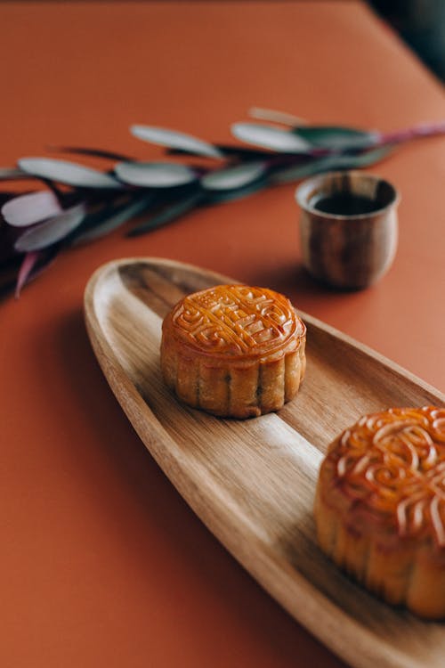 Mooncakes on a Wooden Plate