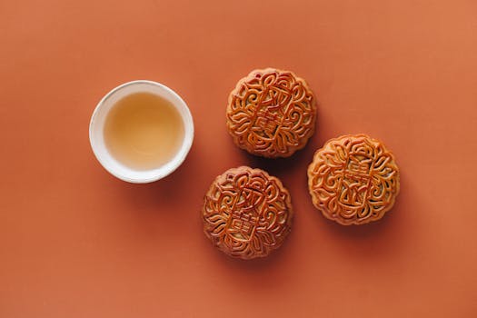 Flat lay of mooncakes with tea, perfect for celebrating the Mid-Autumn Festival.