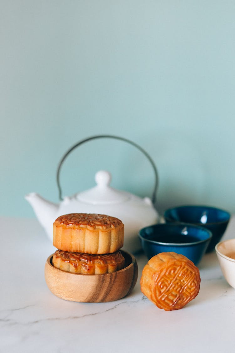 Chinese Mooncake On A Wooden Bowl