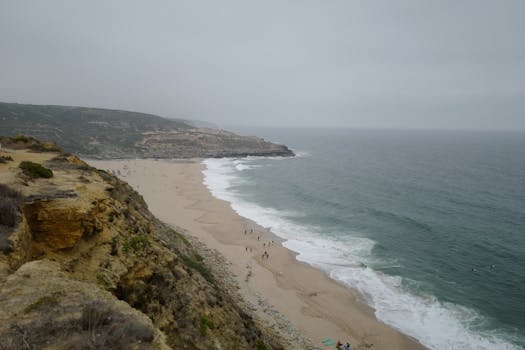 A serene coastal beach scene with cliffs, waves, and fog creating a calm atmosphere.