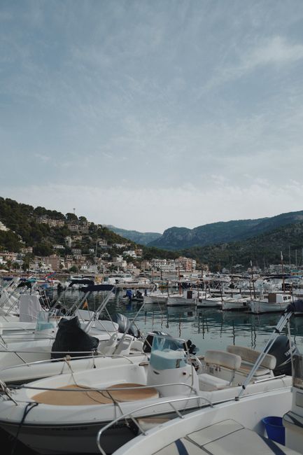 A picturesque harbor filled with luxury yachts at a marina, framed by hills and clear skies.