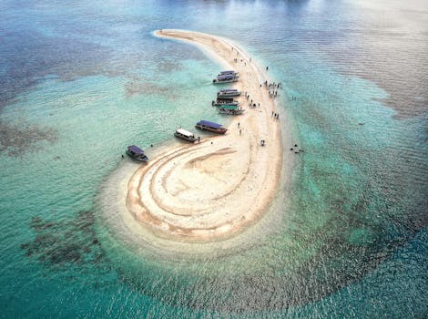 Stunning aerial view of a sandbar in Kuala Terengganu, Malaysia, with boats and clear turquoise water.