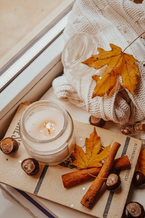 Free Top View of a Candle beside Cinnamon Sticks and Maple Leaves Stock Photo