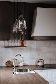 Modern kitchen interior featuring pendant lights, wooden countertop, and utensils.