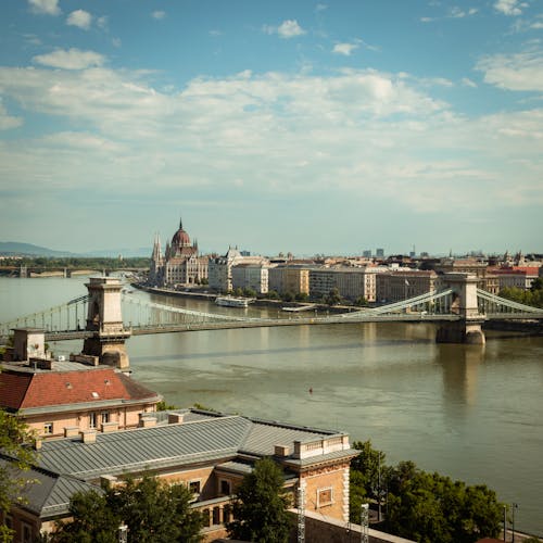 Széchenyi Chain Bridge over River under Blue Cloudy Sky 