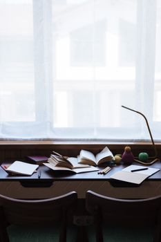 Tranquil study space with open books, pencils, and toys on a desk, soft daylight through the window.