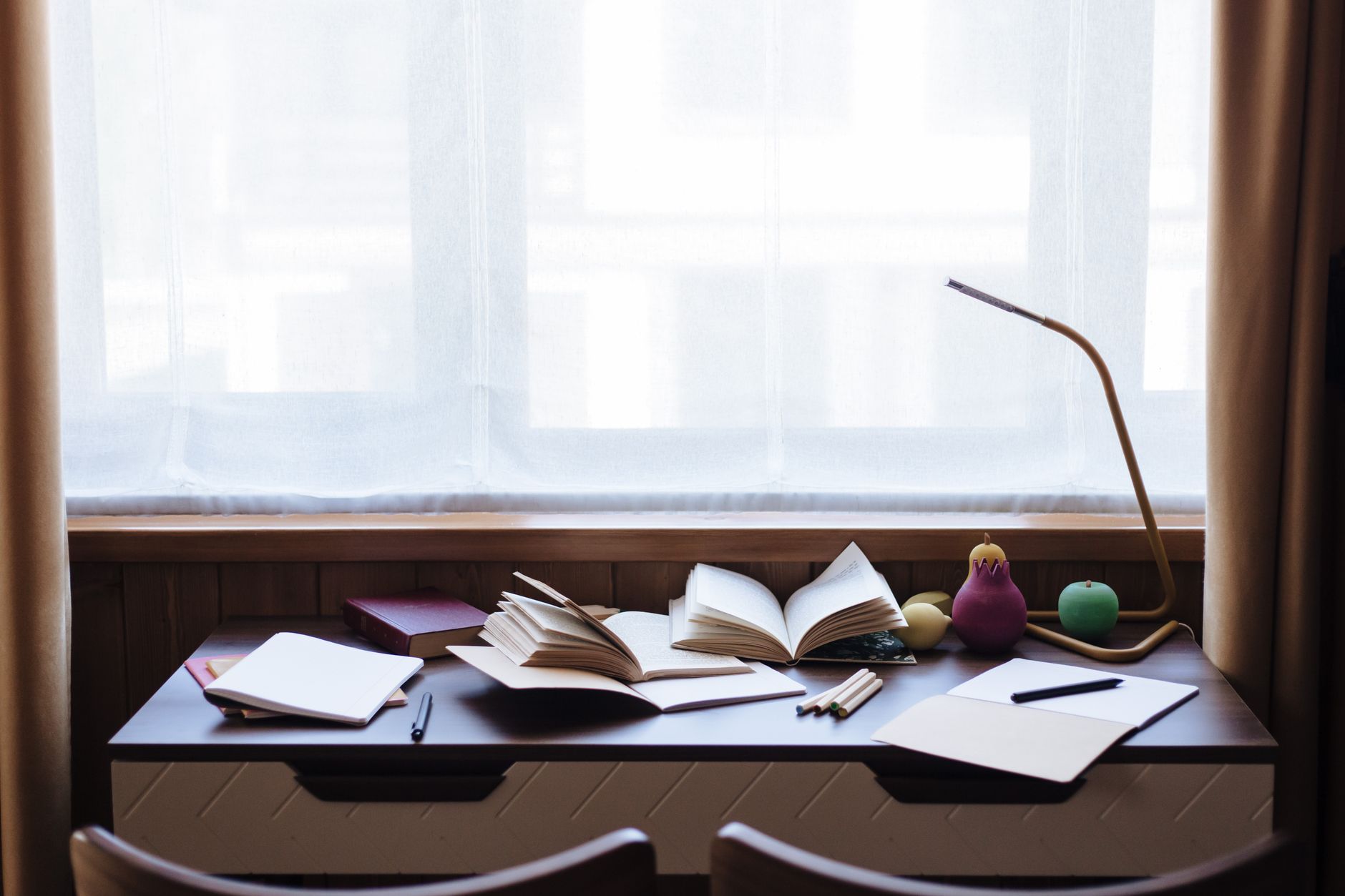 medical research book — A well-lit study area with open books, notebooks, and a lamp on a desk by the window.