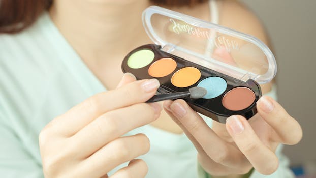 Close-up of a hand holding a vibrant eyeshadow palette.