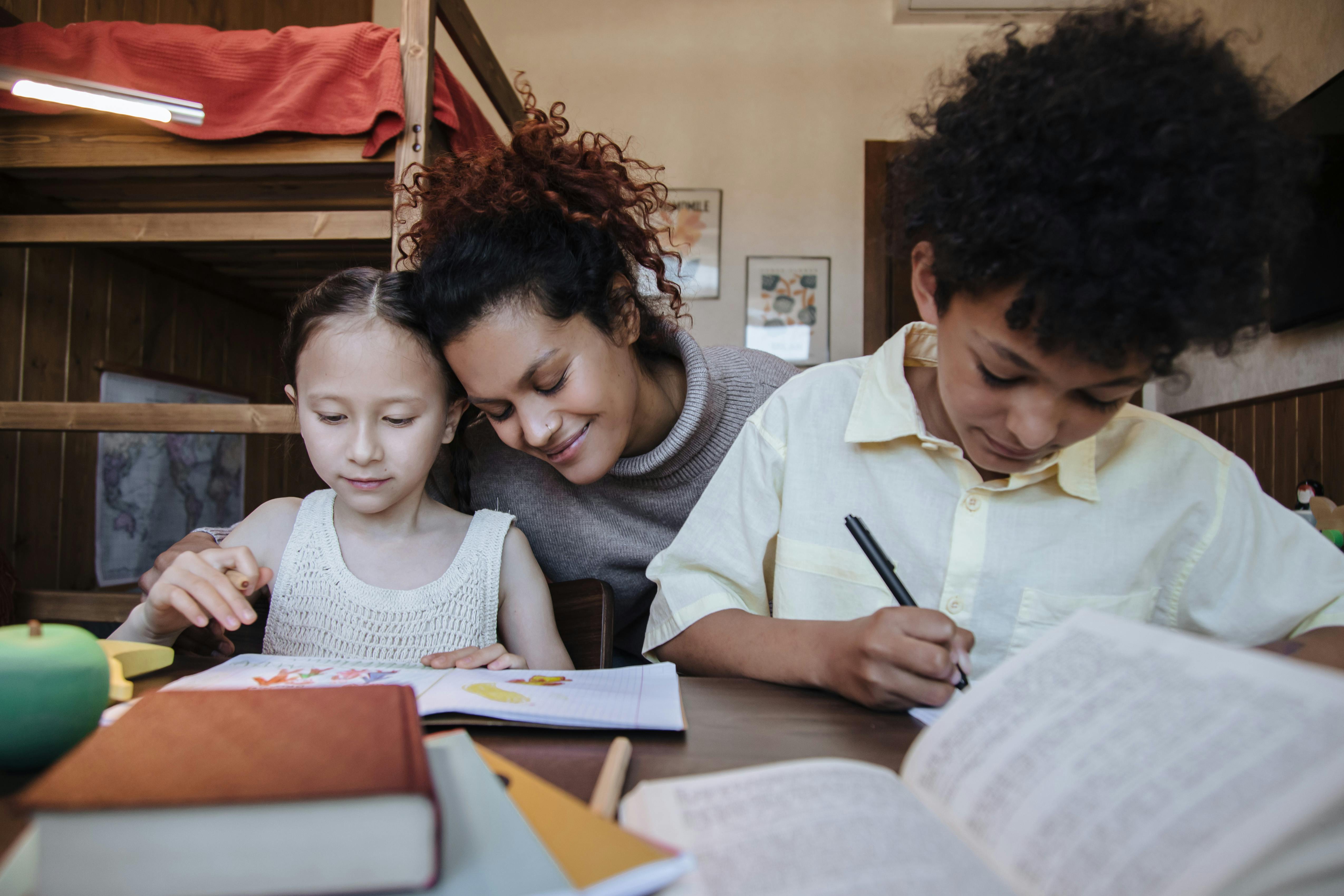 mother and children learning