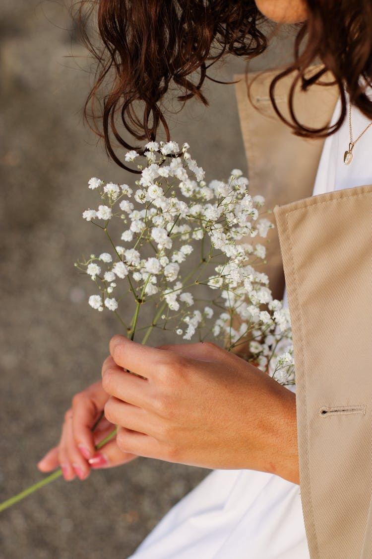 Woman Hands Holding Gypsophila Flowers