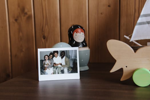 A warm and inviting home setting featuring a family photo on a wooden dresser.