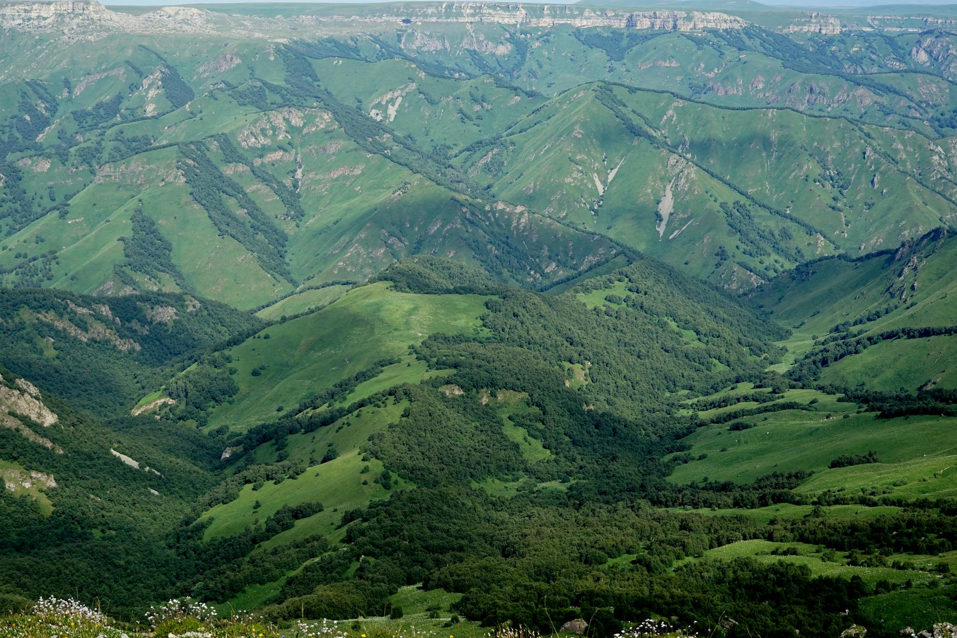 Expansive aerial view of lush green mountain ranges under a clear sky.