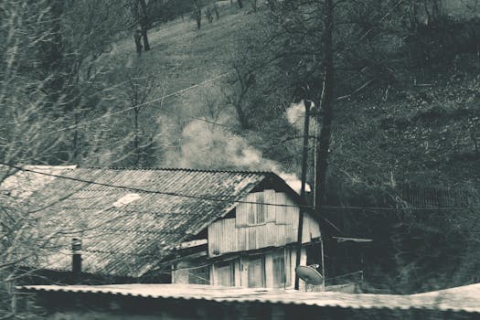 一幅黑白图像中，烟雾从乡村小屋升起，背景是迷雾笼罩的森林