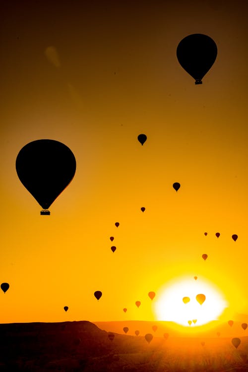 Silhouette of Hot Air Balloons flying in the Sky during Sunset 