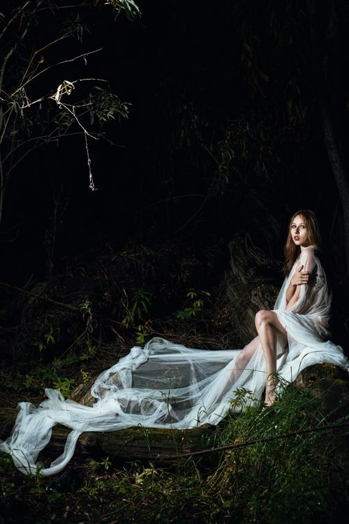 Free Elegant woman wrapped in a white veil sits mysteriously in a dark forest setting. Stock Photo
