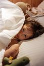 Girl Tucked in Bed with Plush Toys
