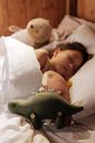 Girl Sleeping in Bed Surrounded by Plush Toys
