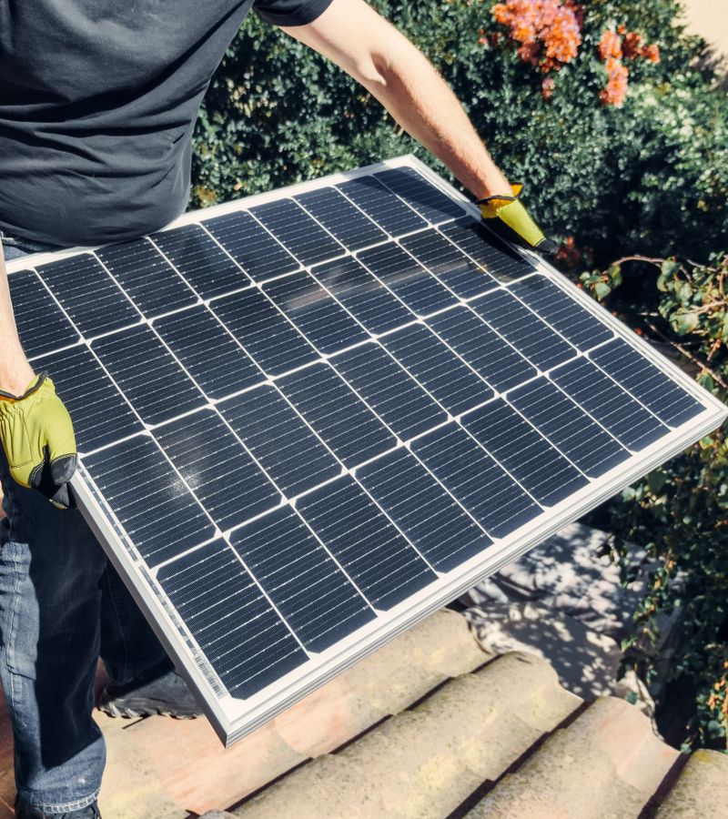 Solar panel array installed on residential rooftop in South Africa with bright sunlight and clear sky