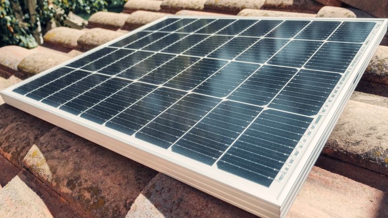 foldable solar panel propped up in the sun on a rock beside a hiking backpack