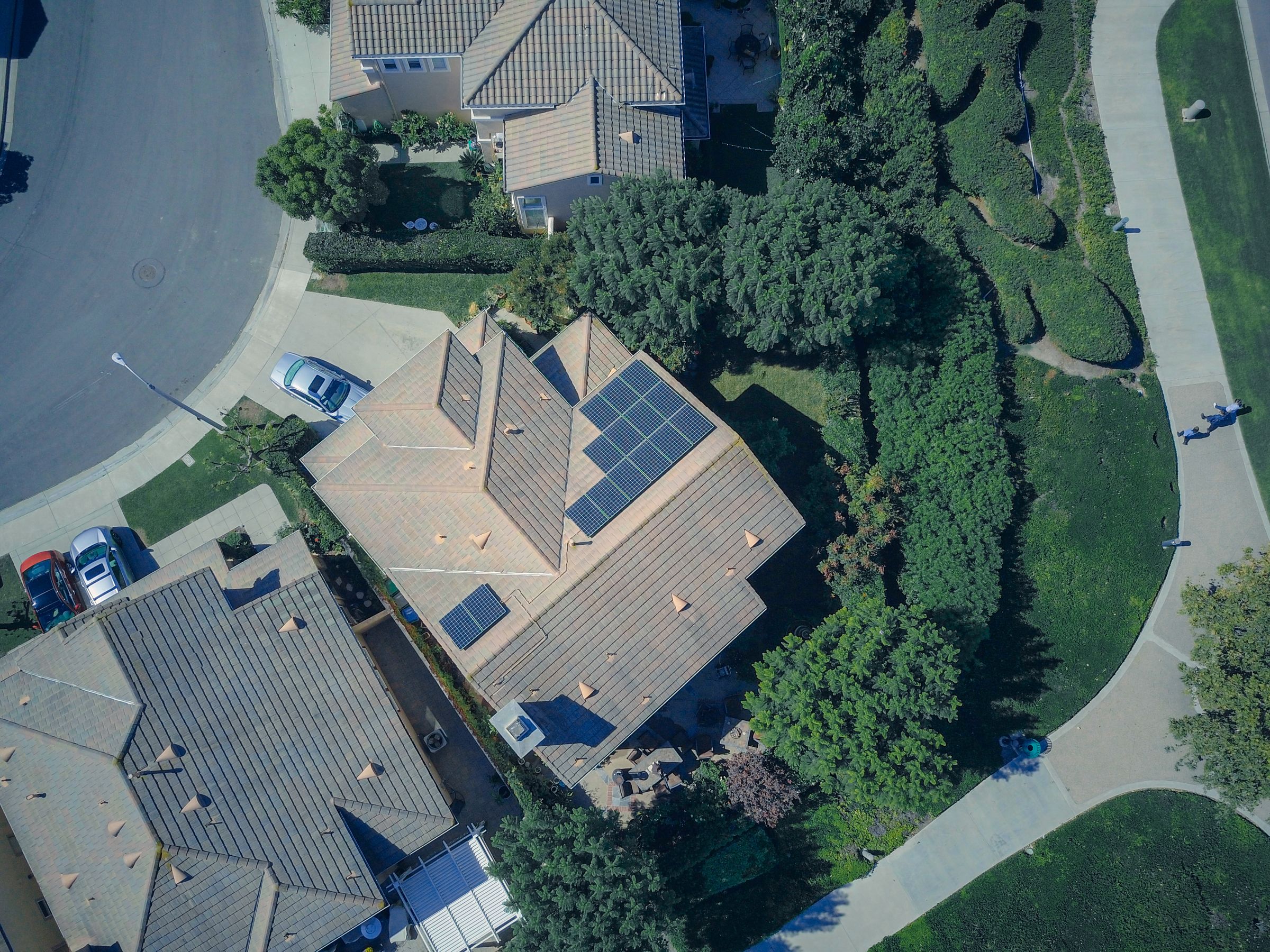 Modern suburban houses equipped with solar panels