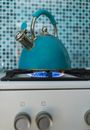 Blue Kettle on the Gas Stove