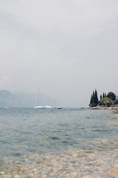 Sailboats float on a calm sea under a hazy sky with lush greenery onshore.