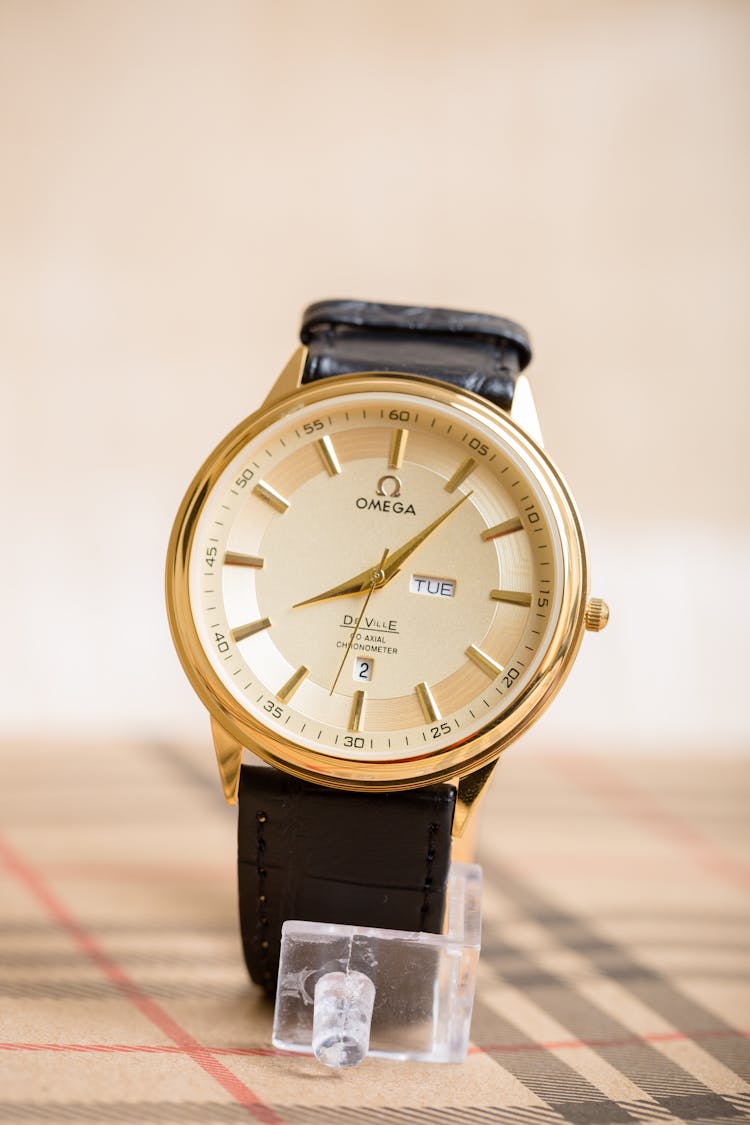 A Leather Strap Omega Watch On Display