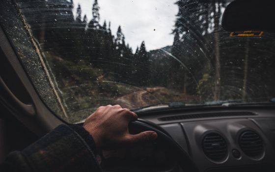 View from inside a car driving on a muddy forest road, capturing a hand on the steering wheel.