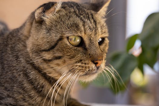 Close-up image of a tabby cat with distinctive stripes and whiskers, set against a blurred background.