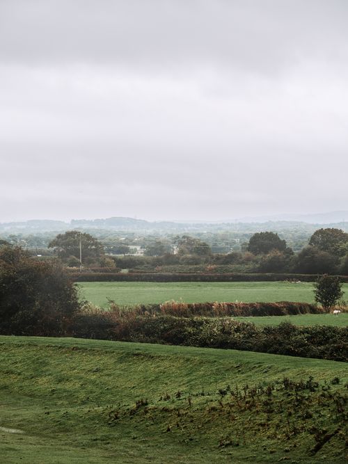 Free Serene landscape of green fields in Rhuddlan, Wales, capturing the peaceful essence of nature. Stock Photo