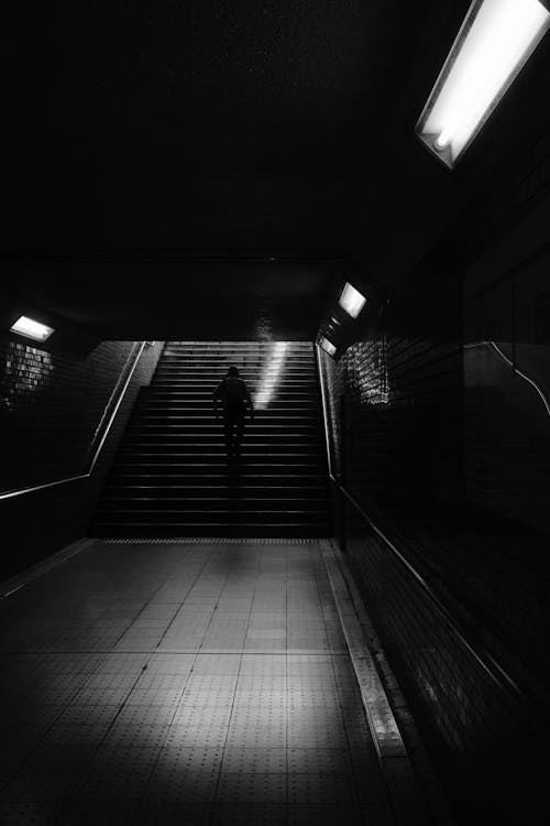 Grayscale Photo of a Person Walking Up the Stairs